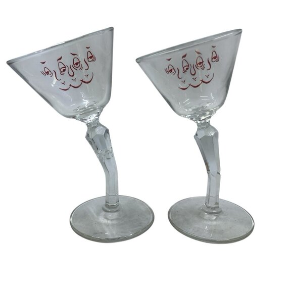 Vintage Gay Fad Tipsy Martini Glass Hand Painted Crooked Stem 1950s Set‎ Of 2 - Picture 5 of 8